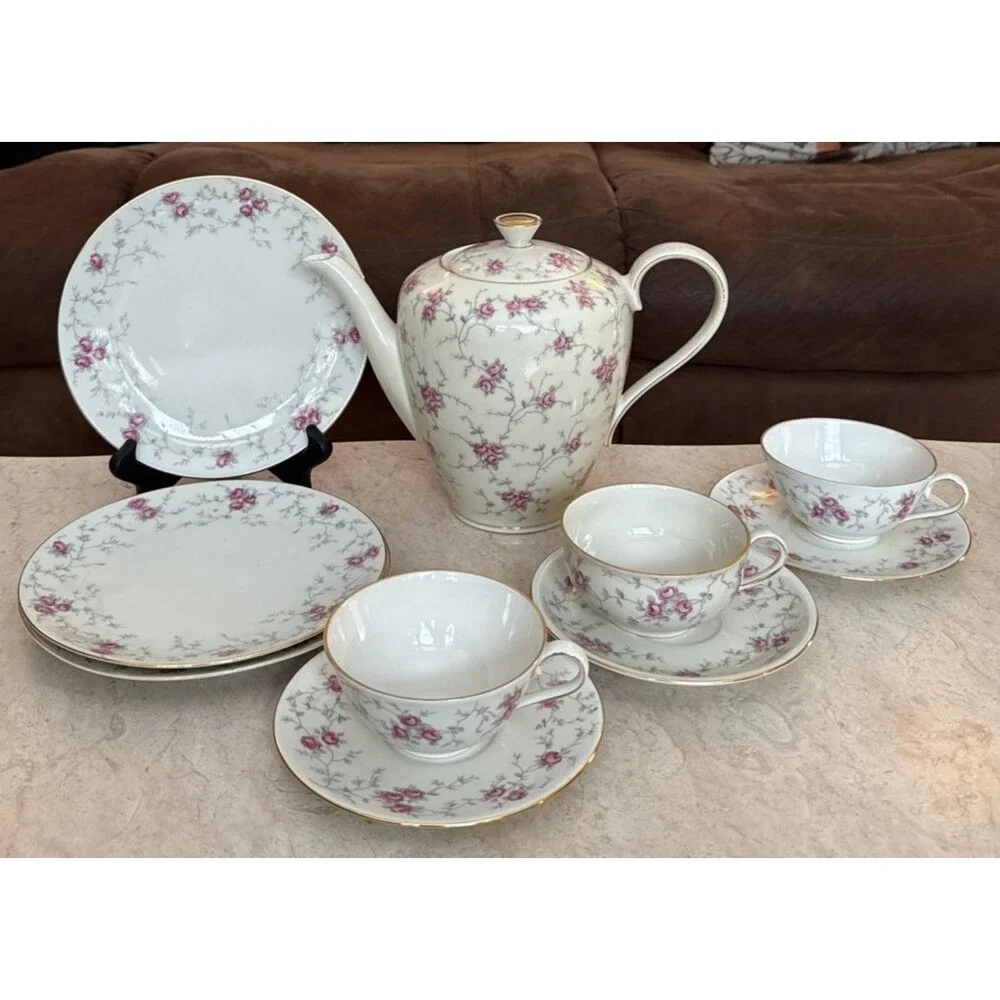 Schumann Rose Coffee Pot, Cups, Saucers and Luncheon Plates Dish Set Vintage